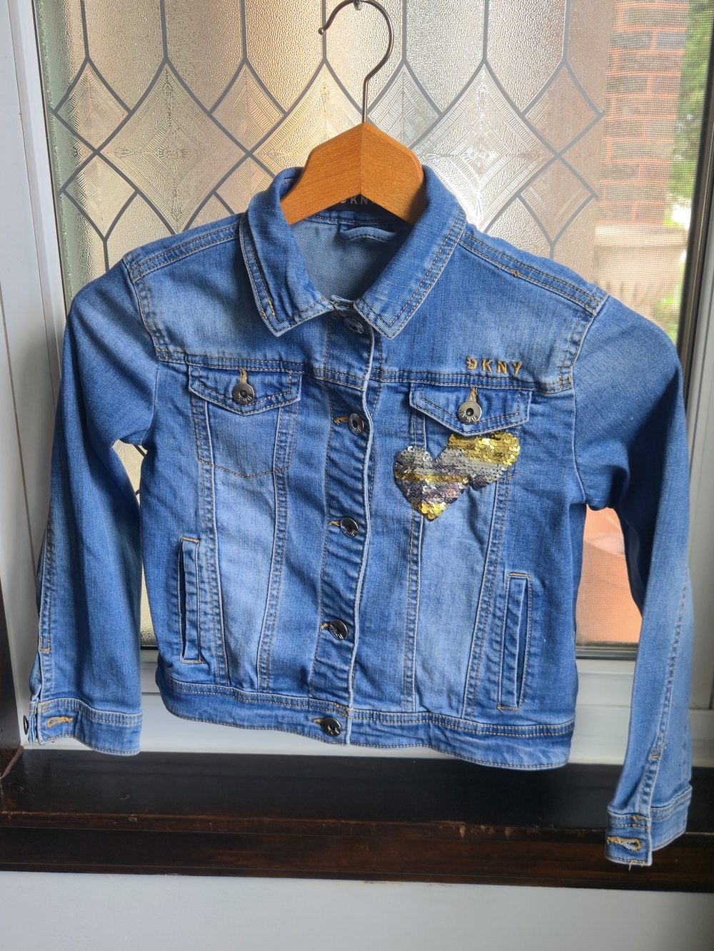 DKNY Girls' Blue Denim Jacket with Sequin Heart